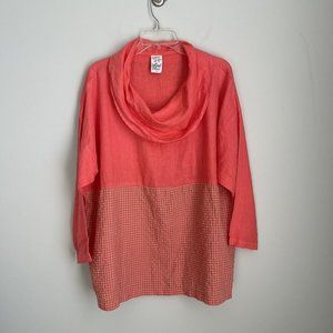 Match Point Pink Embroidered 100% Linen Cowl Neck Oversized Top